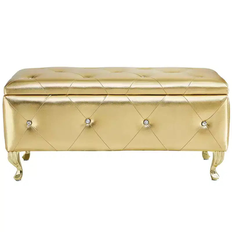 Ottoman de rangement 38 po en similicuir capitonné avec bouton en cristal