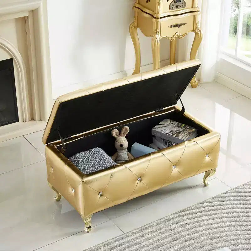 Ottoman de rangement 38 po en similicuir capitonné avec bouton en cristal