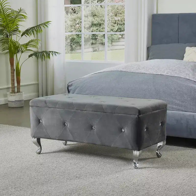 Ottoman de rangement 38 po en similicuir capitonné avec bouton en cristal
