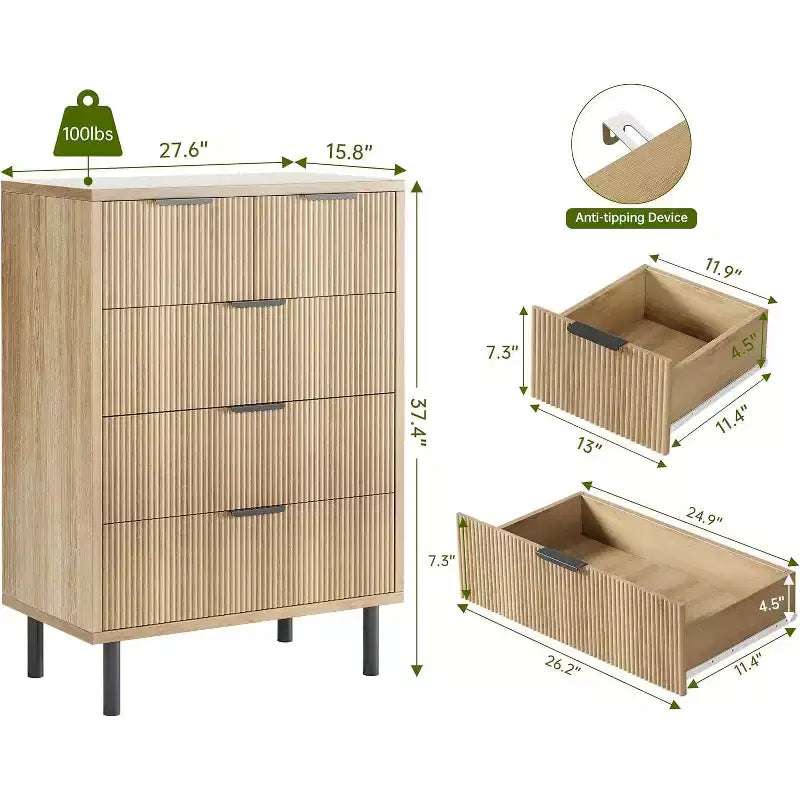 Commode à 5 tiroirs cannelée pour chambre à coucher, commode moderne en bois avec tiroirs larges