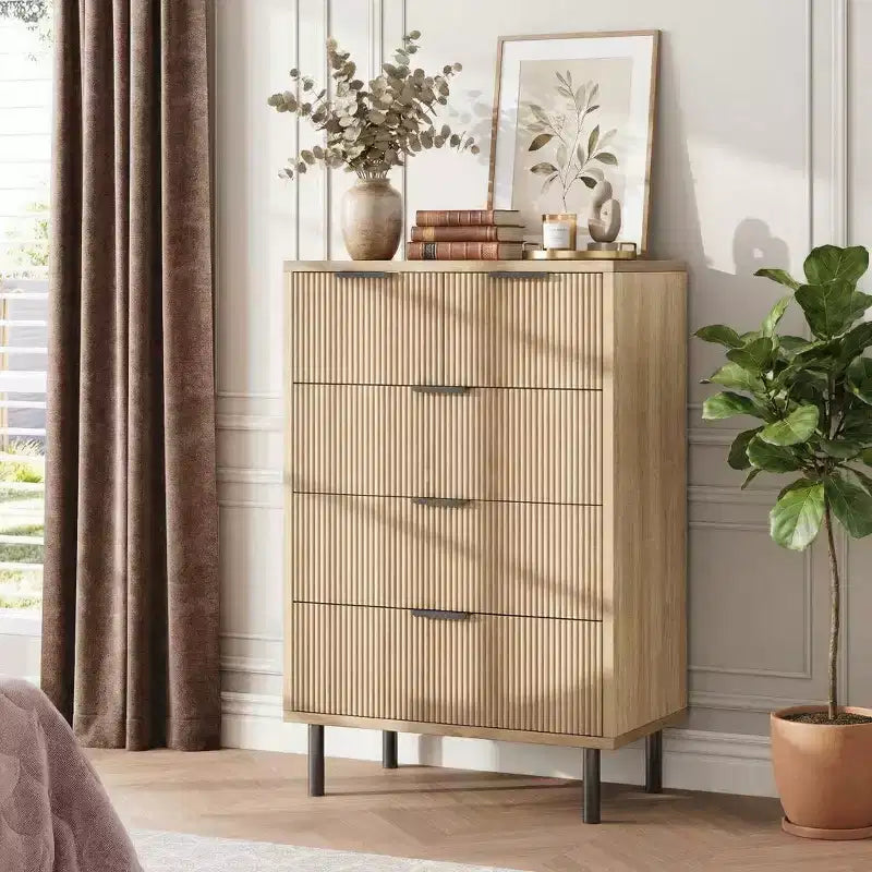 Commode à 5 tiroirs cannelée pour chambre à coucher, commode moderne en bois avec tiroirs larges