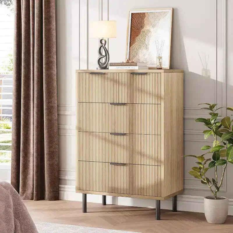 Commode à 5 tiroirs cannelée pour chambre à coucher, commode moderne en bois avec tiroirs larges