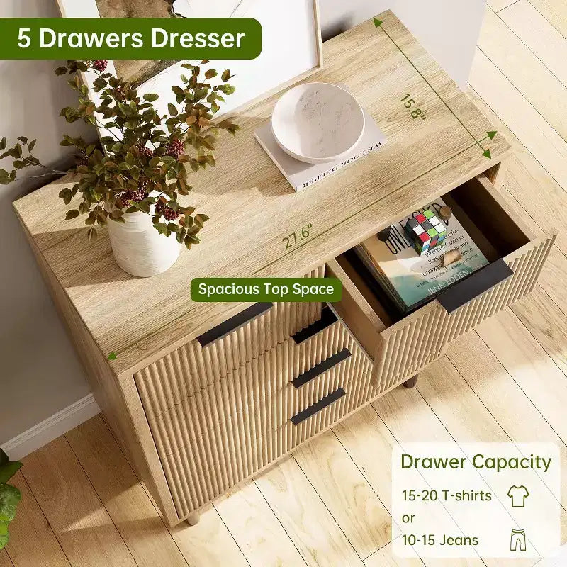 Commode à 5 tiroirs cannelée pour chambre à coucher, commode moderne en bois avec tiroirs larges