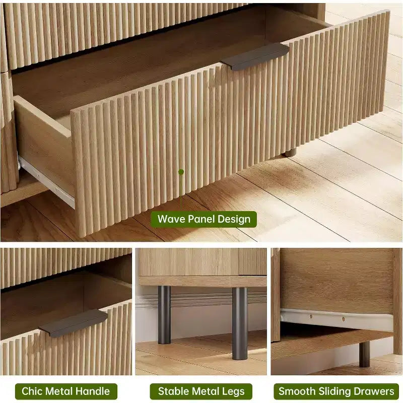 Commode à 5 tiroirs cannelée pour chambre à coucher, commode moderne en bois avec tiroirs larges