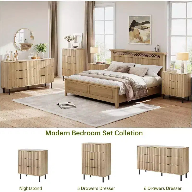 Commode à 5 tiroirs cannelée pour chambre à coucher, commode moderne en bois avec tiroirs larges