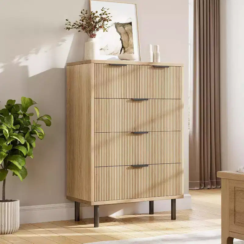 Commode à 5 tiroirs cannelée pour chambre à coucher, commode moderne en bois avec tiroirs larges