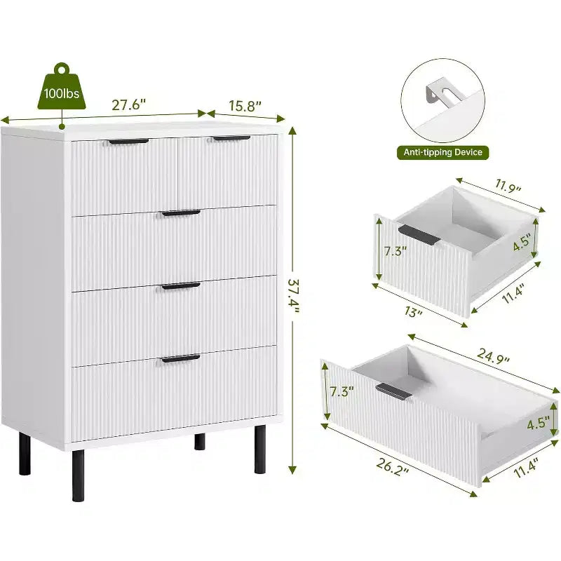 Commode à 5 tiroirs cannelée pour chambre à coucher, commode moderne en bois avec tiroirs larges
