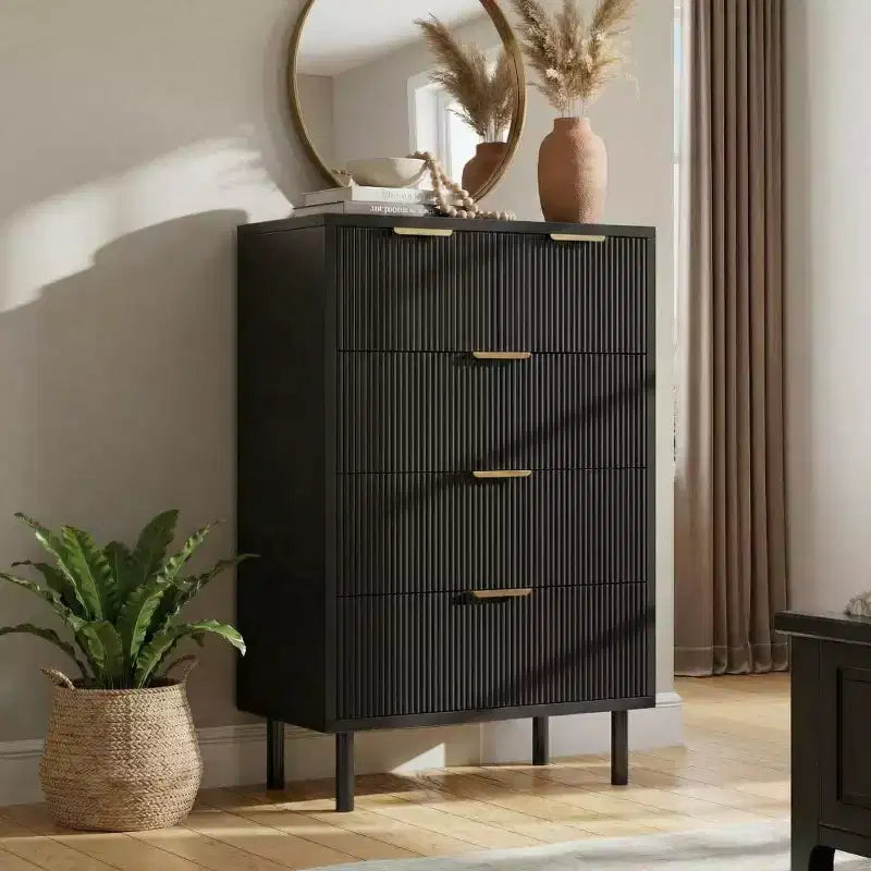 Commode à 5 tiroirs cannelée pour chambre à coucher, commode moderne en bois avec tiroirs larges