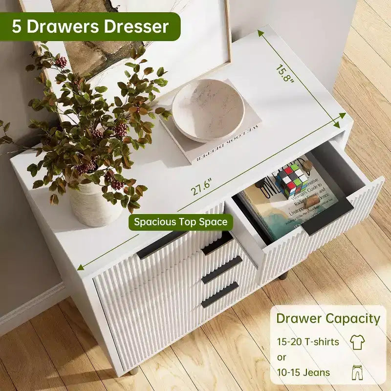 Commode à 5 tiroirs cannelée pour chambre à coucher, commode moderne en bois avec tiroirs larges