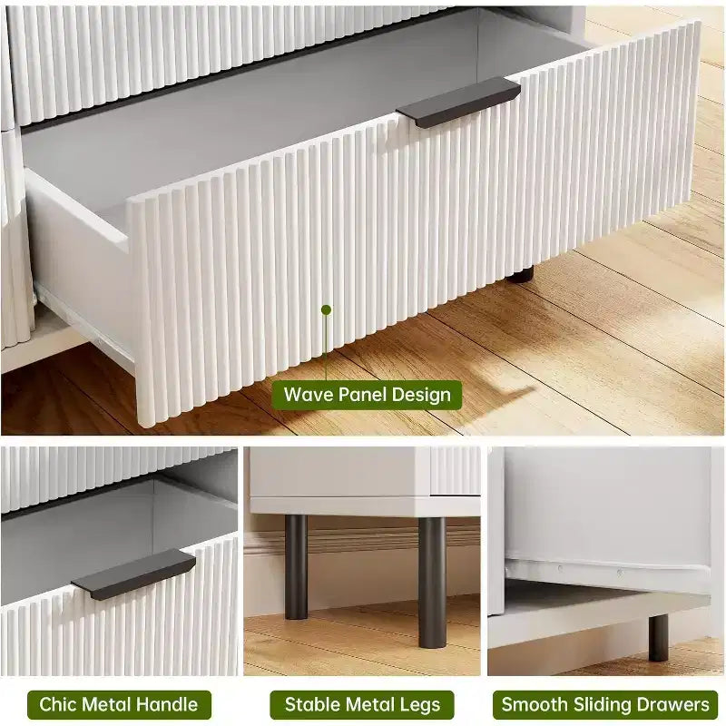 Commode à 5 tiroirs cannelée pour chambre à coucher, commode moderne en bois avec tiroirs larges