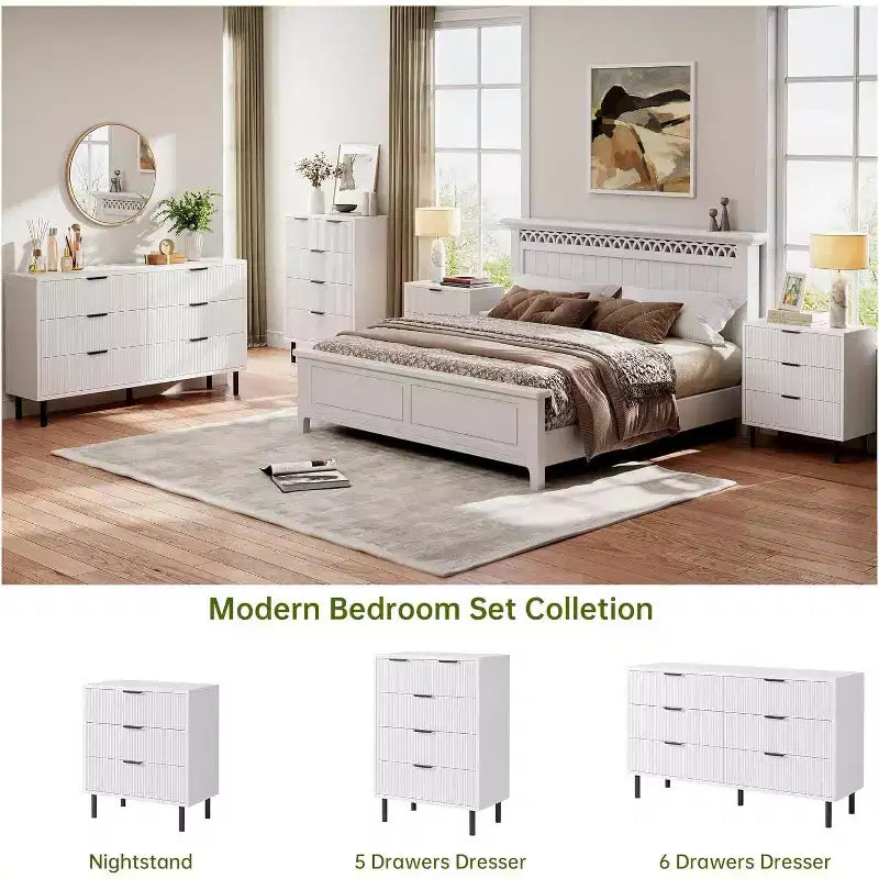Commode à 5 tiroirs cannelée pour chambre à coucher, commode moderne en bois avec tiroirs larges