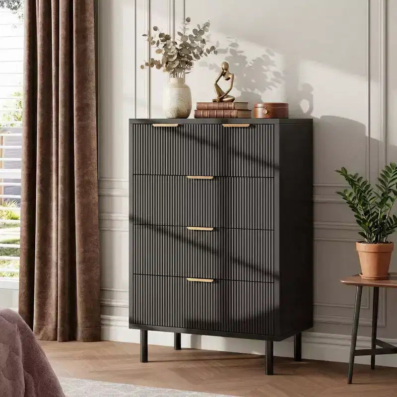 Commode à 5 tiroirs cannelée pour chambre à coucher, commode moderne en bois avec tiroirs larges
