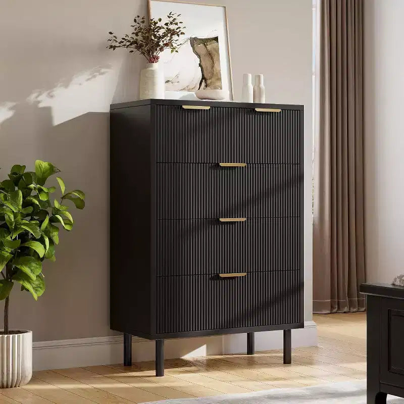 Commode à 5 tiroirs cannelée pour chambre à coucher, commode moderne en bois avec tiroirs larges