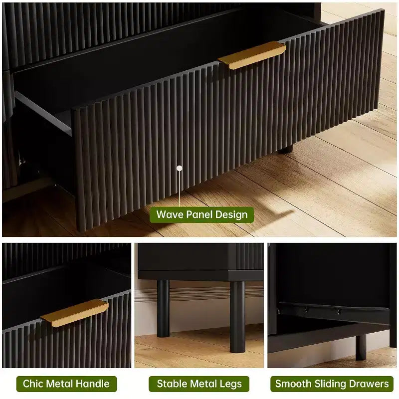 Commode à 5 tiroirs cannelée pour chambre à coucher, commode moderne en bois avec tiroirs larges