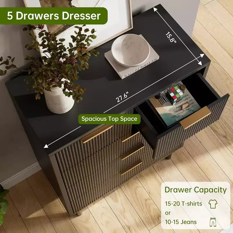 Commode à 5 tiroirs cannelée pour chambre à coucher, commode moderne en bois avec tiroirs larges