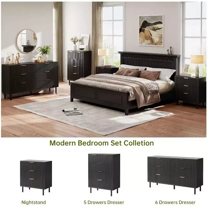 Commode à 5 tiroirs cannelée pour chambre à coucher, commode moderne en bois avec tiroirs larges