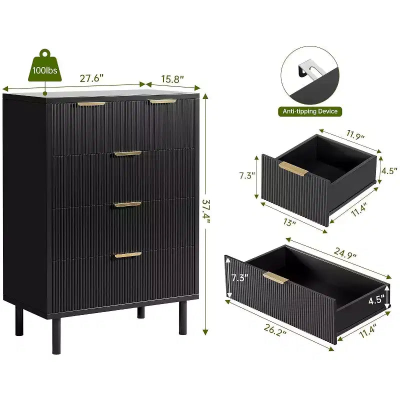 Commode à 5 tiroirs cannelée pour chambre à coucher, commode moderne en bois avec tiroirs larges