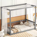 Okak Twin/Full Size Bed Frame with Canopy-Style Top & Guardrails, Modern Floor Bed with Fence for Toddlers/Kids Bedroom