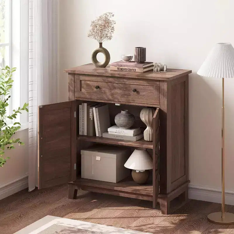 31.5 Rustic Storage Cabinet, with Slatted Doors, 3-Tier Adjustable, Double Door Locker, for Kitchen, Dining Room, and Home Office