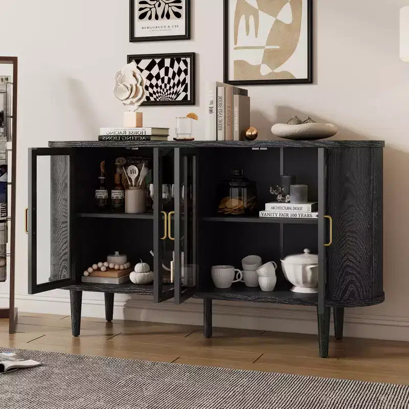 Bahut de rangement de ferme, buffet en bois, armoire d'appoint avec portes en verre et étagères réglables, noir/naturel