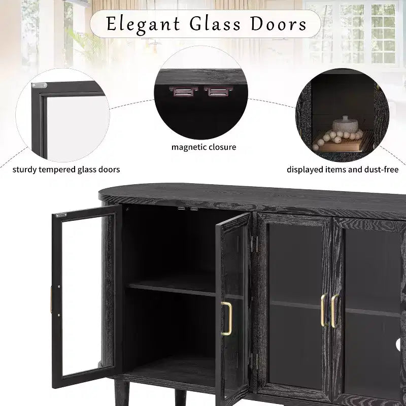 Bahut de rangement de ferme, buffet en bois, armoire d'appoint avec portes en verre et étagères réglables, noir/naturel
