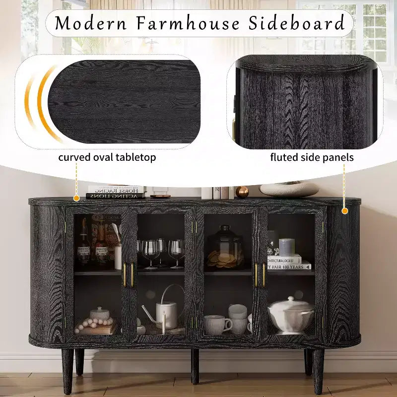 Bahut de rangement de ferme, buffet en bois, armoire d'appoint avec portes en verre et étagères réglables, noir/naturel