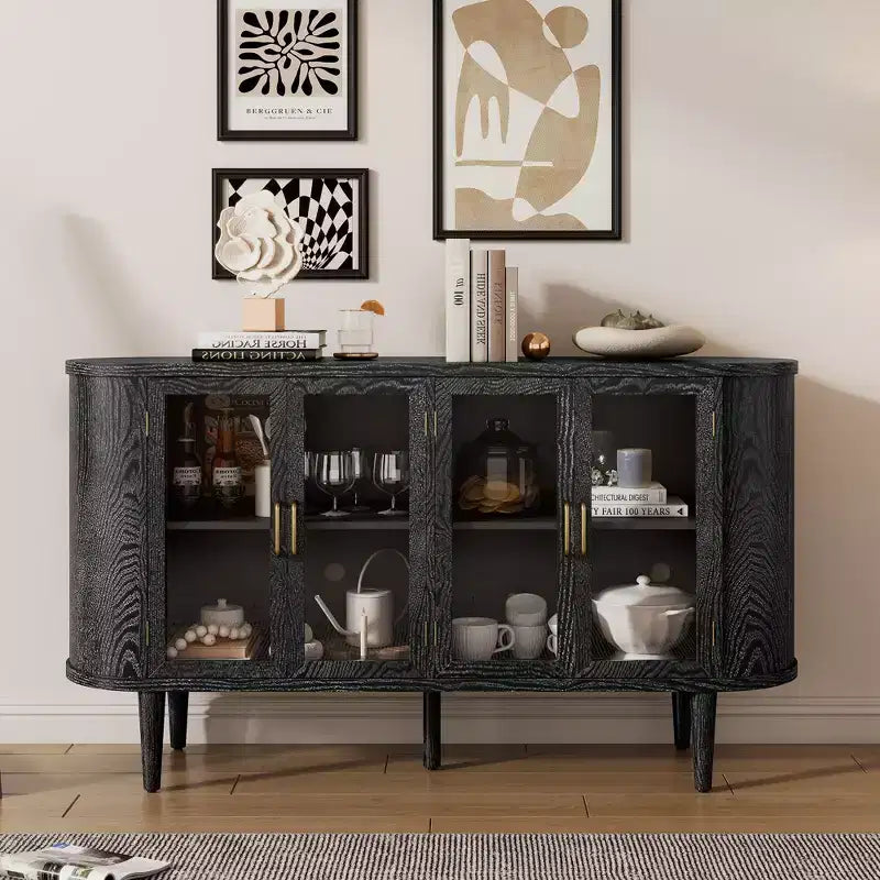 Bahut de rangement de ferme, buffet en bois, armoire d'appoint avec portes en verre et étagères réglables, noir/naturel
