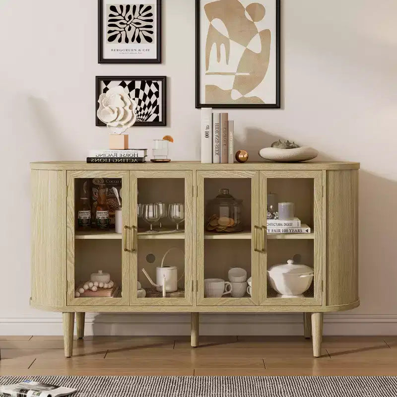 Farmhouse Storage Cabinet Sideboard Wood Buffet Accent Cabinet with Glass Doors & Adjustable Shelves, Black/Natural-ModernLuxe