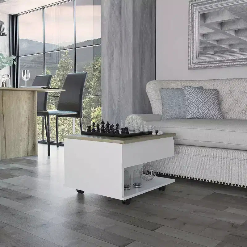 Table basse rectangulaire moderne à plateau relevable avec roulettes et 1 étagère ouverte pour salon/bureau, peu encombrante, 15,3 H