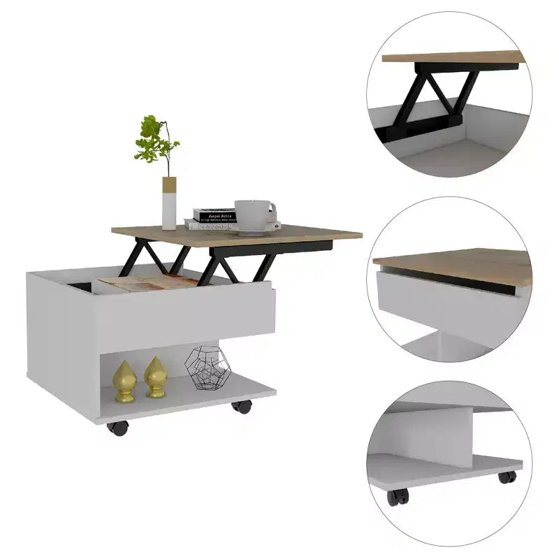 Table basse rectangulaire moderne à plateau relevable avec roulettes et 1 étagère ouverte pour salon/bureau, peu encombrante, 15,3 H