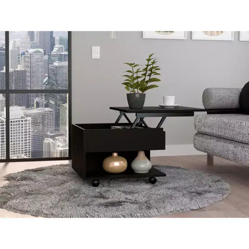 Table basse rectangulaire moderne à plateau relevable avec roulettes et 1 étagère ouverte pour salon/bureau, peu encombrante, 15,3 H