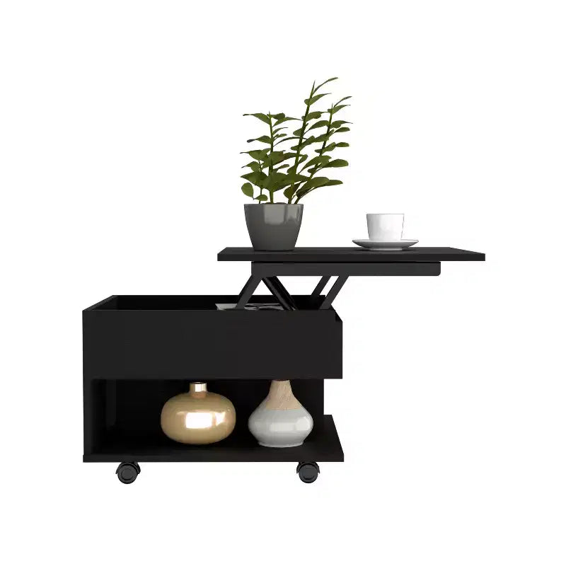 Table basse rectangulaire moderne à plateau relevable avec roulettes et 1 étagère ouverte pour salon/bureau, peu encombrante, 15,3 H