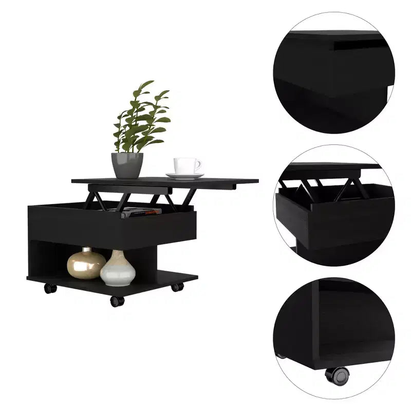 Table basse rectangulaire moderne à plateau relevable avec roulettes et 1 étagère ouverte pour salon/bureau, peu encombrante, 15,3 H