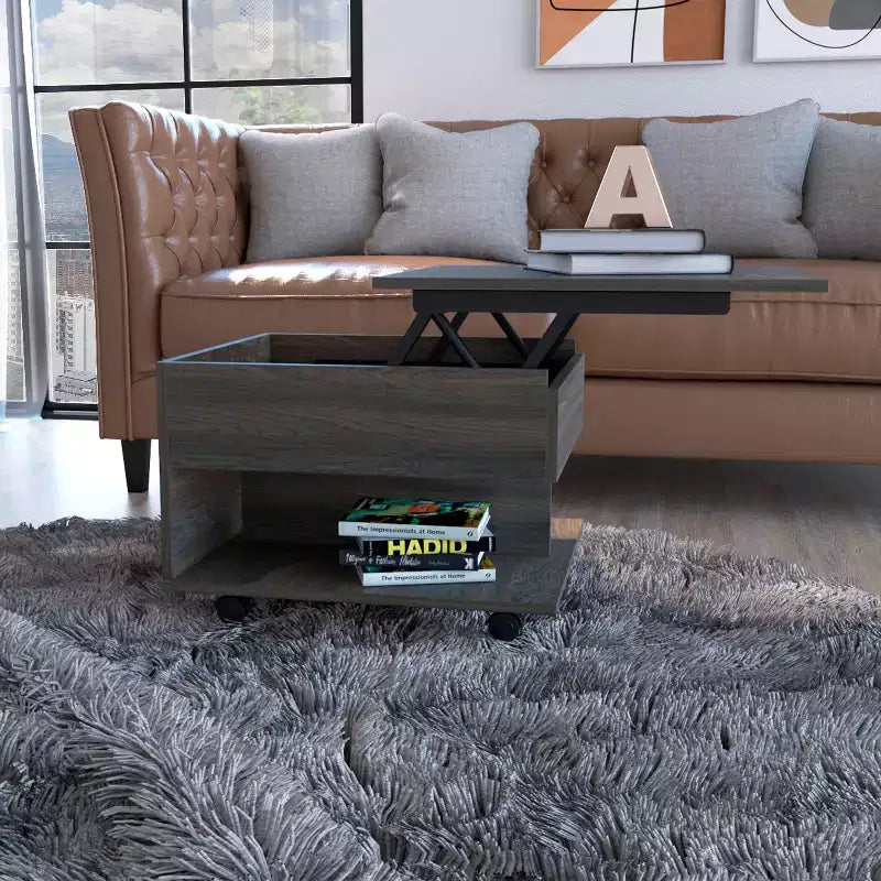 Table basse rectangulaire moderne à plateau relevable avec roulettes et 1 étagère ouverte pour salon/bureau, peu encombrante, 15,3 H
