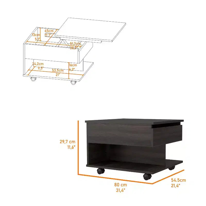 Table basse rectangulaire moderne à plateau relevable avec roulettes et 1 étagère ouverte pour salon/bureau, peu encombrante, 15,3 H