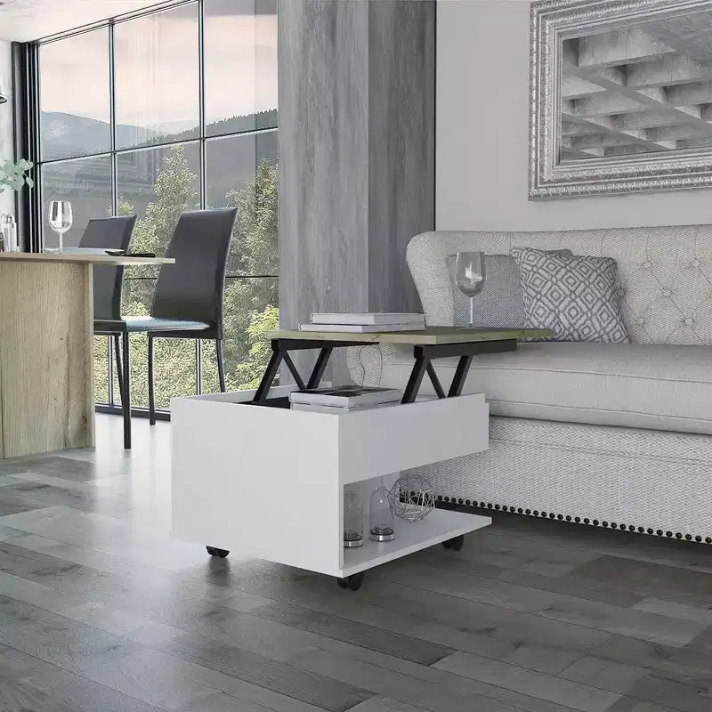 Table basse rectangulaire moderne à plateau relevable avec roulettes et 1 étagère ouverte pour salon/bureau, peu encombrante, 15,3 H