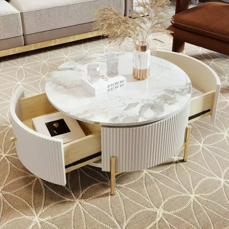 Table basse ronde moderne de 31,5 po, table d'appoint avec 2 grands tiroirs de rangement pour salon/bureau, peu encombrante