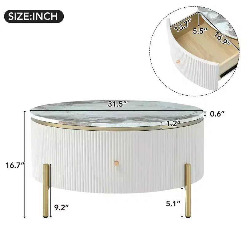 Table basse ronde moderne de 31,5 po, table d'appoint avec 2 grands tiroirs de rangement pour salon/bureau, peu encombrante