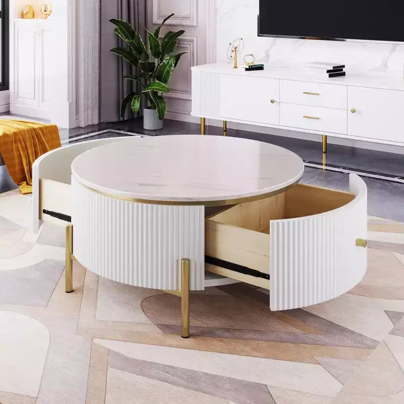 Table basse ronde moderne de 31,5 po, table d'appoint avec 2 grands tiroirs de rangement pour salon/bureau, peu encombrante