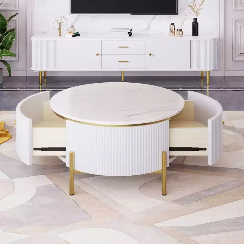 Table basse ronde moderne de 31,5 po, table d'appoint avec 2 grands tiroirs de rangement pour salon/bureau, peu encombrante