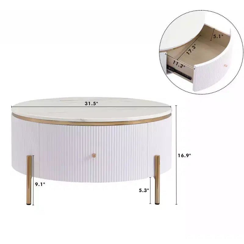 Table basse ronde moderne de 31,5 po, table d'appoint avec 2 grands tiroirs de rangement pour salon/bureau, peu encombrante