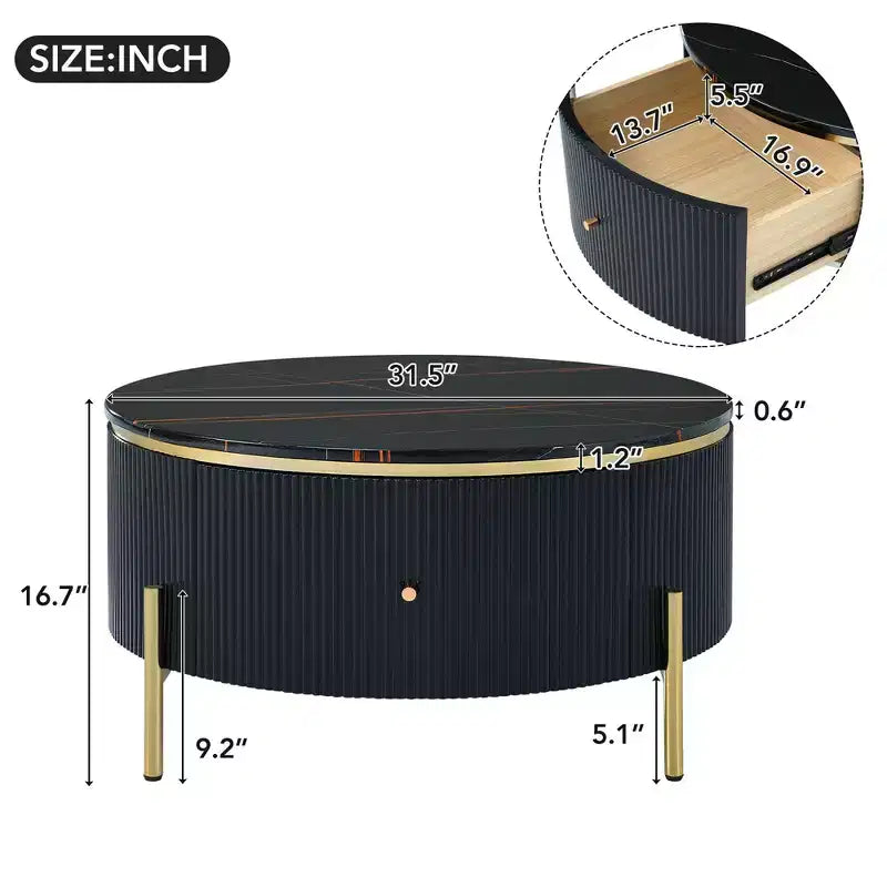 Table basse ronde moderne de 31,5 po, table d'appoint avec 2 grands tiroirs de rangement pour salon/bureau, peu encombrante