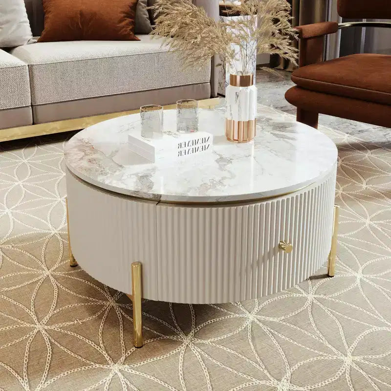 Table basse ronde moderne de 31,5 po, table d'appoint avec 2 grands tiroirs de rangement pour salon/bureau, peu encombrante