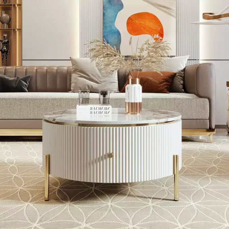 Table basse ronde moderne de 31,5 po, table d'appoint avec 2 grands tiroirs de rangement pour salon/bureau, peu encombrante