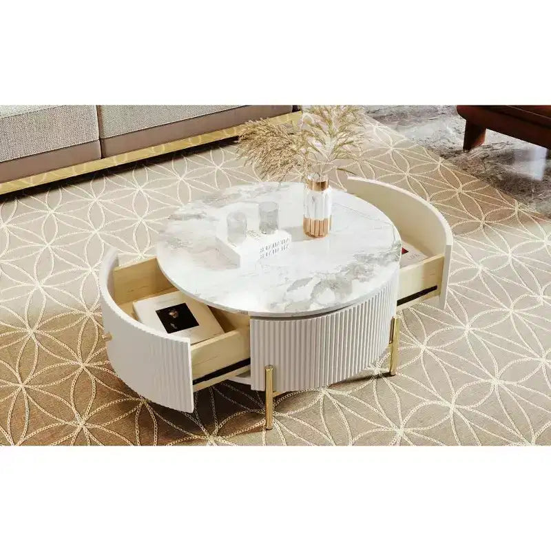 Okak 31.5 Modern Round Coffee Table Accent Table with 2 Large Drawers Storage for Living Room/Office, Space-Saving