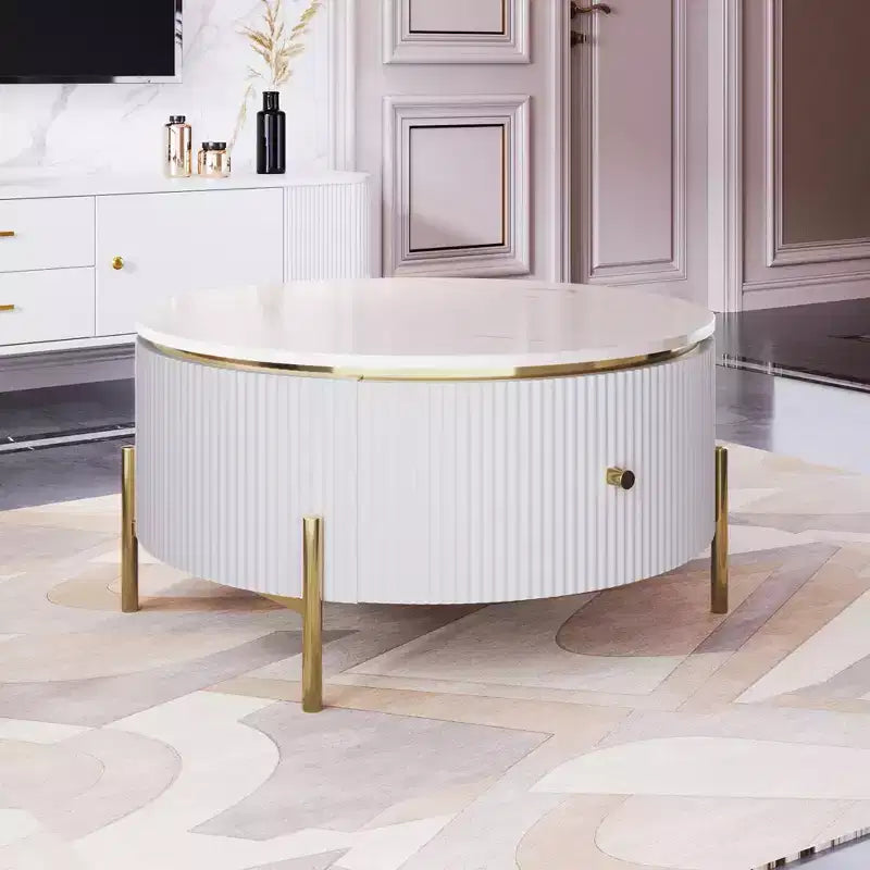 Table basse ronde moderne de 31,5 po, table d'appoint avec 2 grands tiroirs de rangement pour salon/bureau, peu encombrante