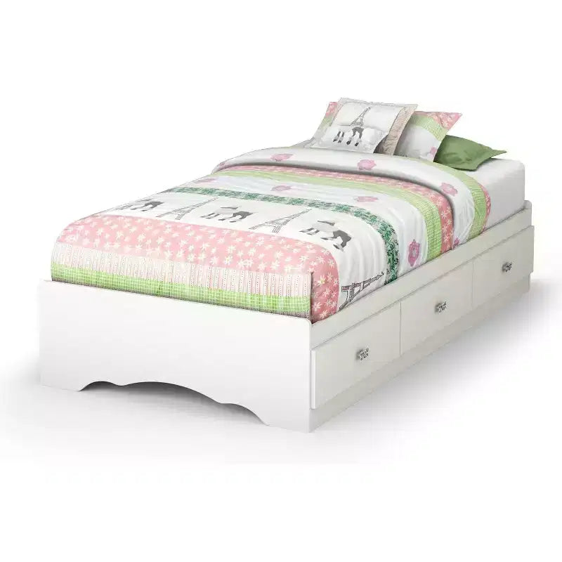 Lit simple blanc avec rangement, 37,5 cm de hauteur, avec cadre en panneaux de particules.