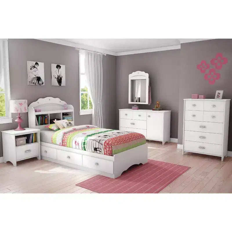 Lit simple blanc avec rangement, 37,5 cm de hauteur, avec cadre en panneaux de particules.