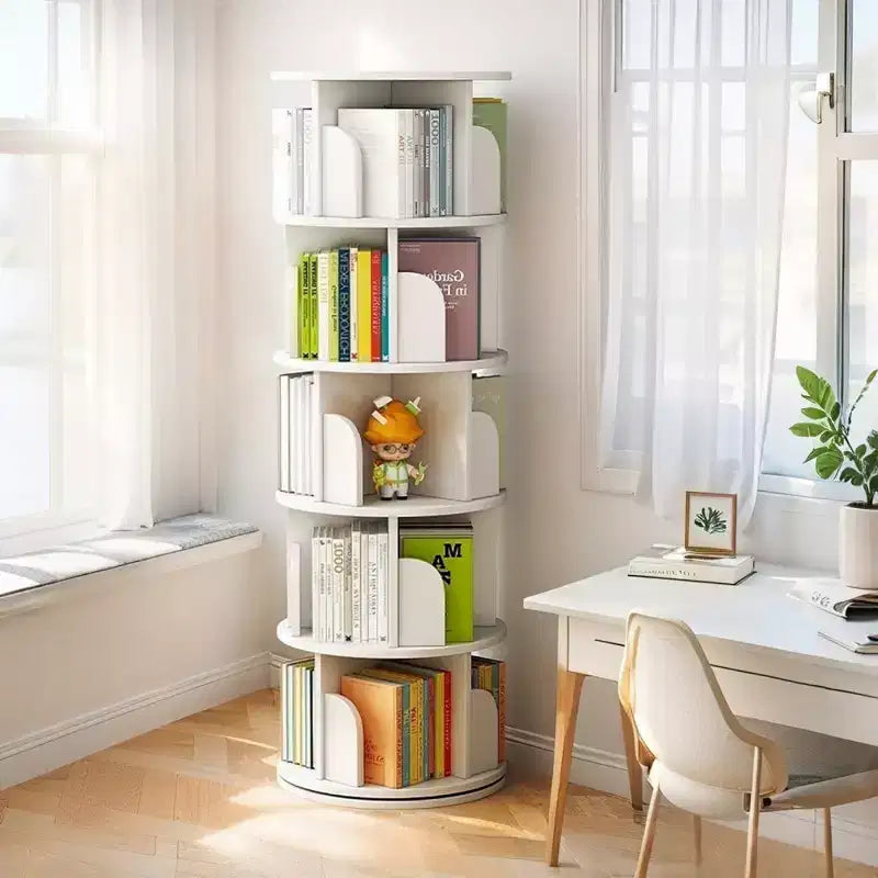 Chic Crate-5-Tier Rotating Bookshelf  360 Display | Space-Saver | Warm White | Bedroom/Living Room/Office