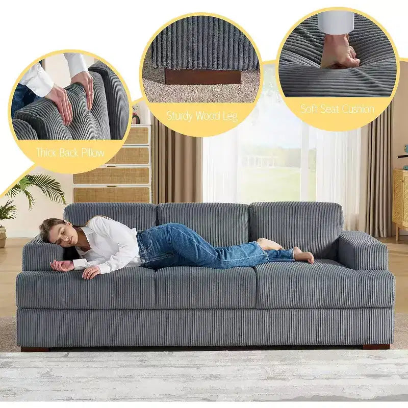 Canapé confortable avec assise profonde et pieds en bois, canapé rembourré pour le salon